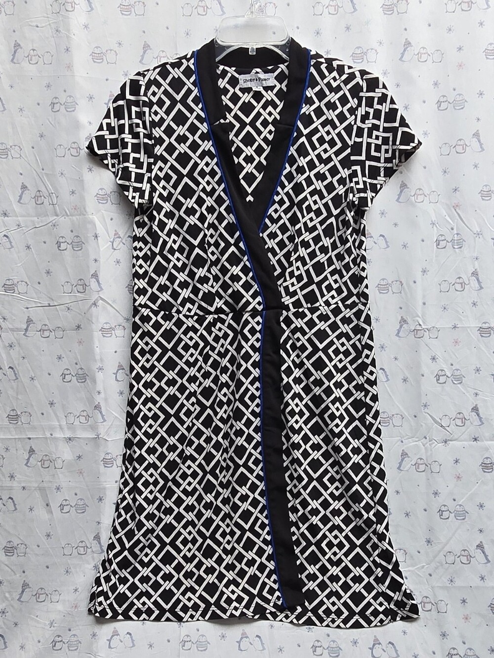 Shelby & Palmer Black & White Geometric Wrap-Style Dress with Navy Trim. 6
